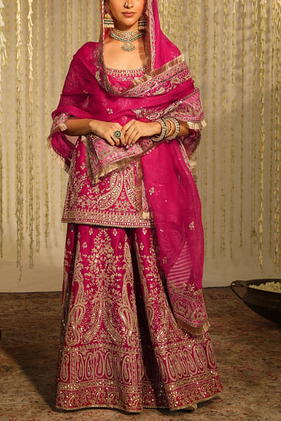Hot pink paisley embroidery sharara set