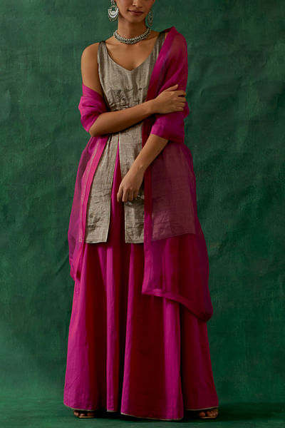 Hot pink panelled handwoven sharara set