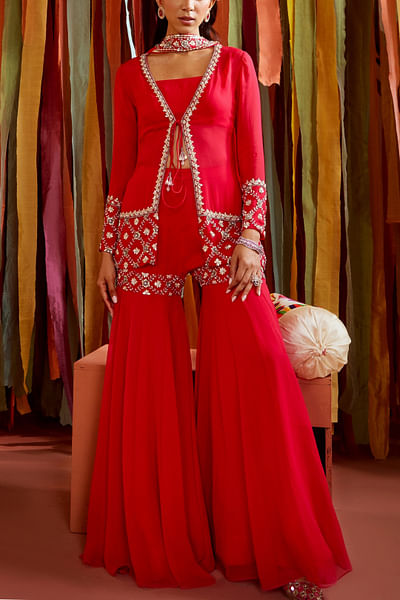 Hot pink pearl embellished short jacket and sharara set