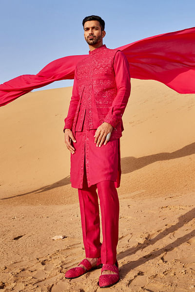 Hot pink pearl embroidery bandi set