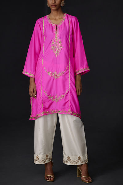 Hot pink placement embroidered kurta and pants