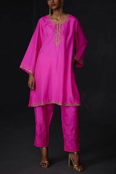 Hot pink placement embroidered kurta set