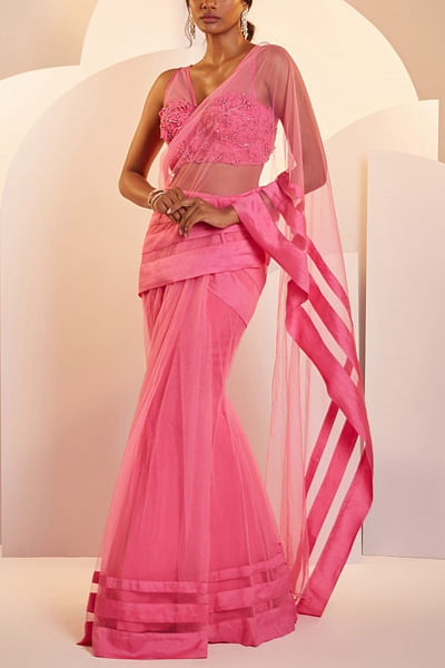 Hot pink pleated tulle sari set