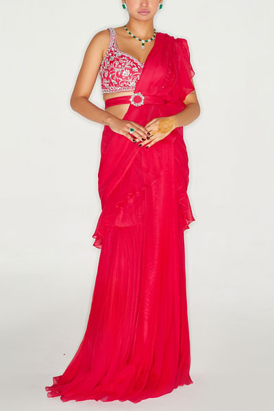 Hot pink pre-pleated ruffle sari set