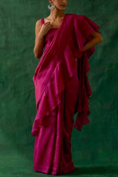 Hot pink pre-stitched ruffled handwoven sari set