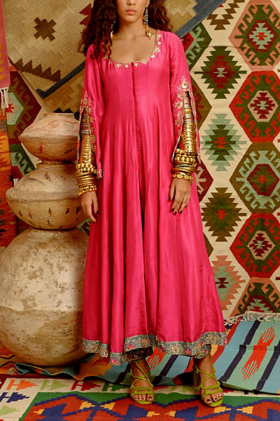 Hot pink resham gota detail anarkali set