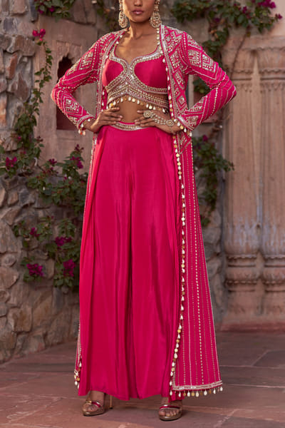 Hot pink sequin and pearl embellished cape sharara set