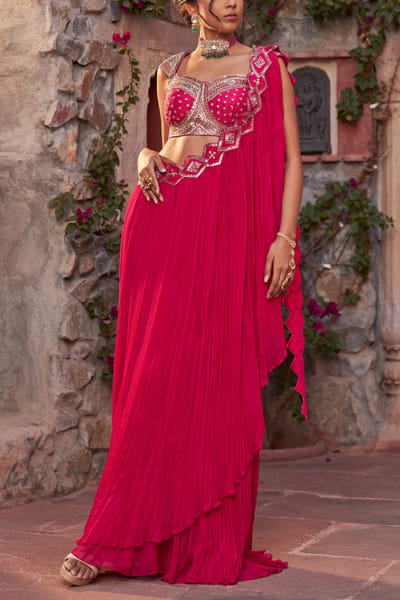 Hot pink sequin embellished pre-draped sari set