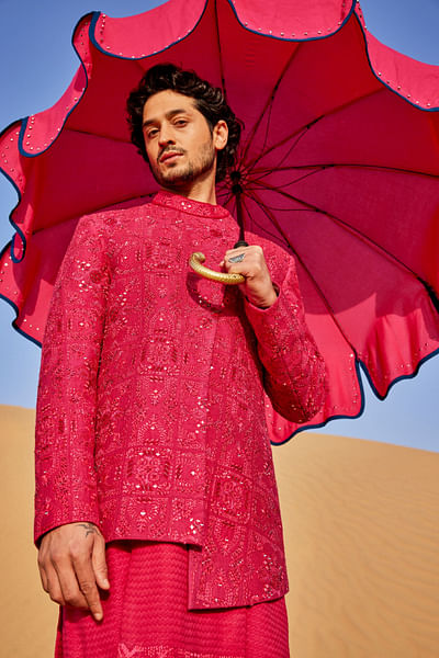 Hot pink sequin embroidery asymmetric bandhgala set
