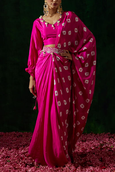 Hot pink shibori print draped saree set