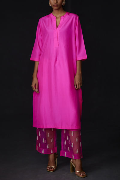 Hot pink silk kurta and embroidered pants