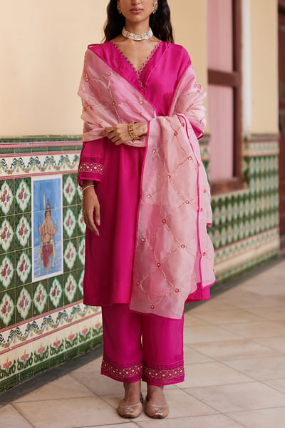 Hot pink zardozi embroidery kurta set