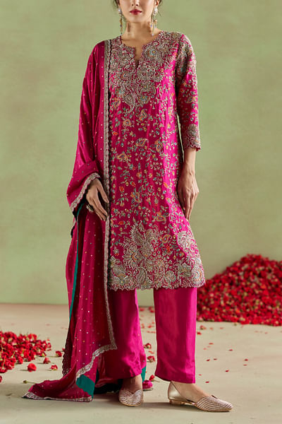 Hot pink zardozi embroidery kurta set