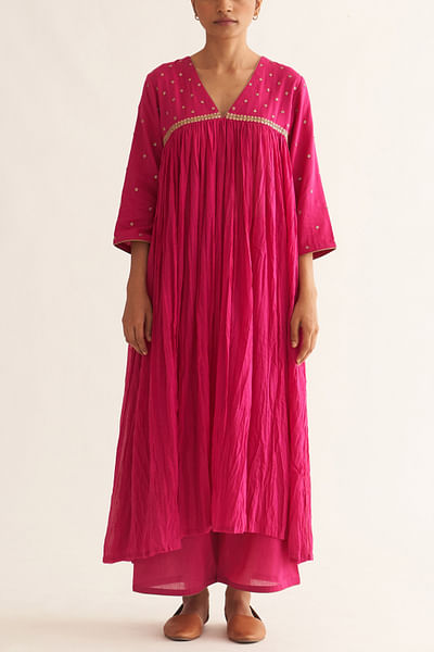 Hot pink zari embroidered wrinkled and gathered kurta set