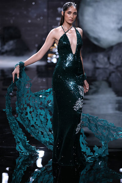 Hunter green sequinned gown set