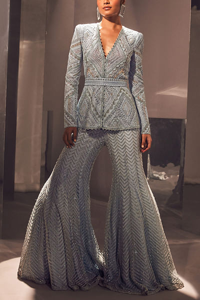 Ice blue bead and sequin embroidered sharara set