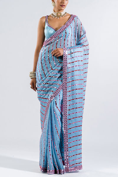 Ice blue embellished pre-draped sari set