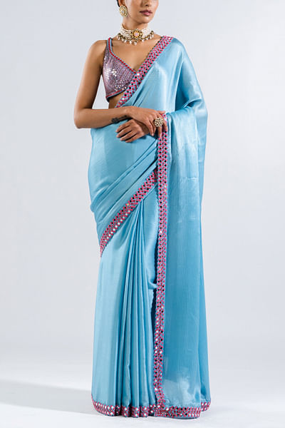 Ice blue mirror detailed sari set