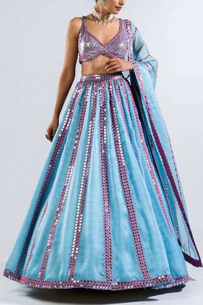 Ice blue mirror embellished lehenga set