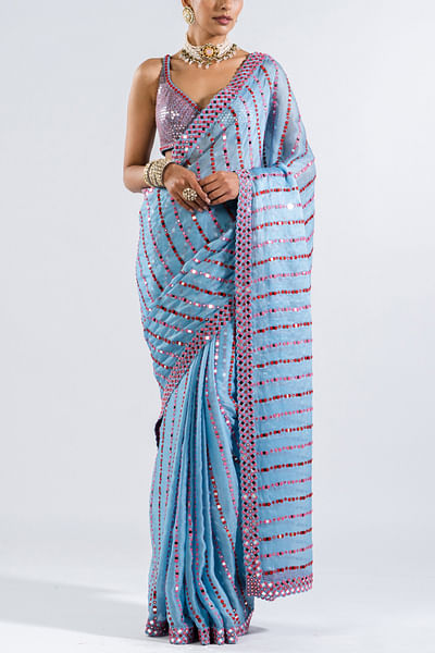 Ice blue mirror embellished pre-draped sari set