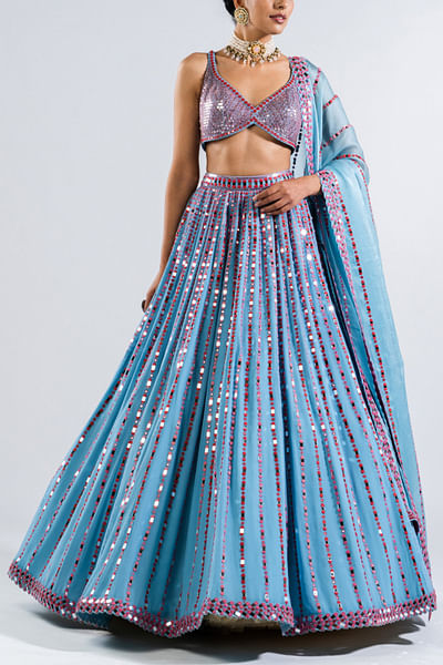 Ice blue mirror embroidered lehenga set