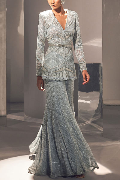 Ice blue sequin and resham embroidered sharara set
