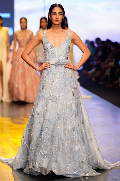 Ice blue sequin embellished gown