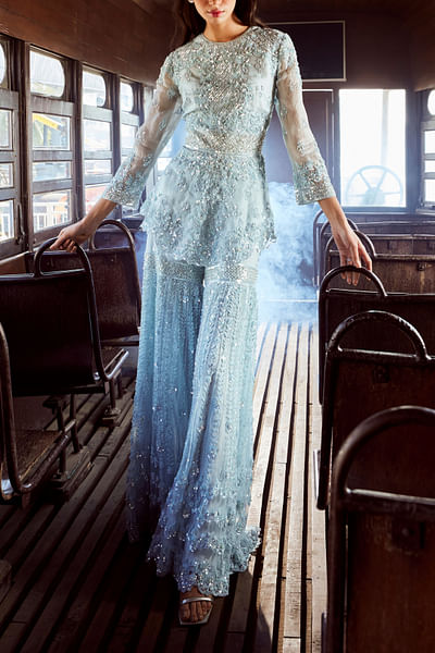 Ice blue sequin embroidery sharara set