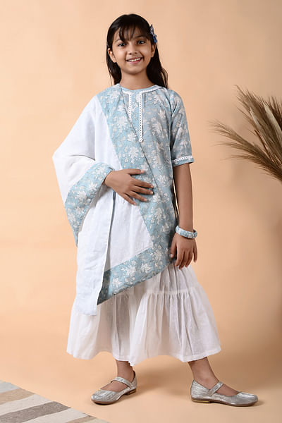 Ice gray block printed kurta and sharara set