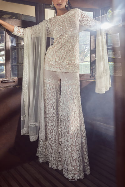 Ice pink thread embroidery sharara set