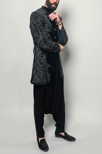 Imperial teal embellished velvet sherwani