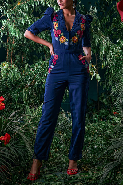 Indigo 3D floral appliqued jumpsuit