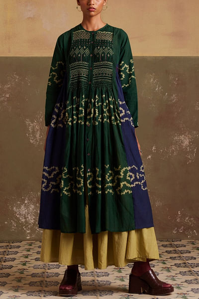 Indigo and emerald flared dress