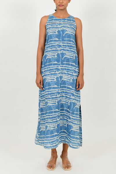 Indigo blue artsy dabu print maxi dress