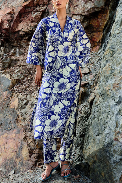 Indigo blue floral print kurta set