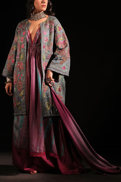 Indigo floral embroidery coat