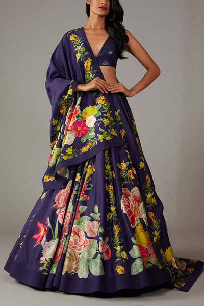 Indigo floral print lehenga set