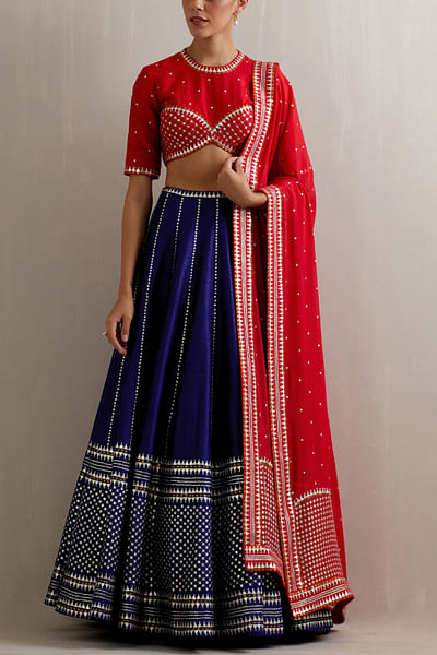 Ink blue and red hand embroidered lehenga set