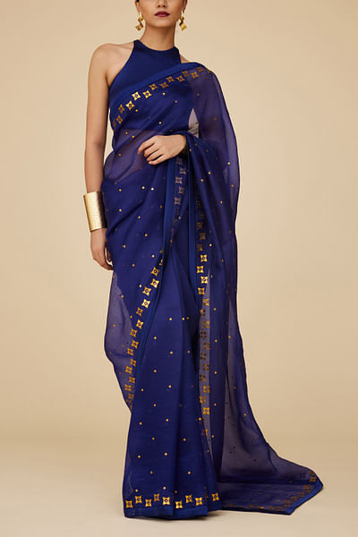 Ink blue sequin embroidery saree set