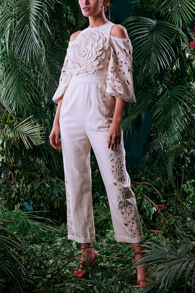 Ivory 3D floral applique work jumpsuit
