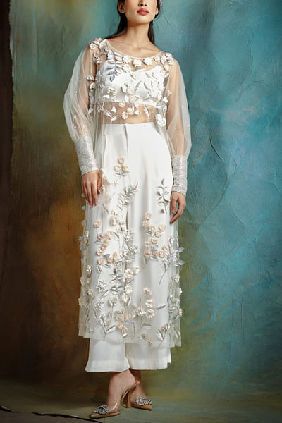 Ivory 3D floral embellished tunic set