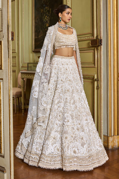 Ivory 3D floral pearl embellished lehenga set