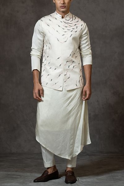 Ivory aari and sequin embroidery Nehru kurta set