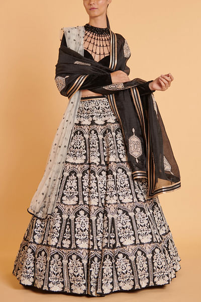 Ivory and black floral embroidery lehenga set