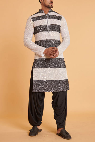 Ivory and black stripe sequinned kurta set
