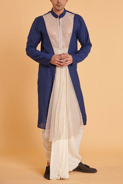 Ivory and blue crystal mesh drape kurta set