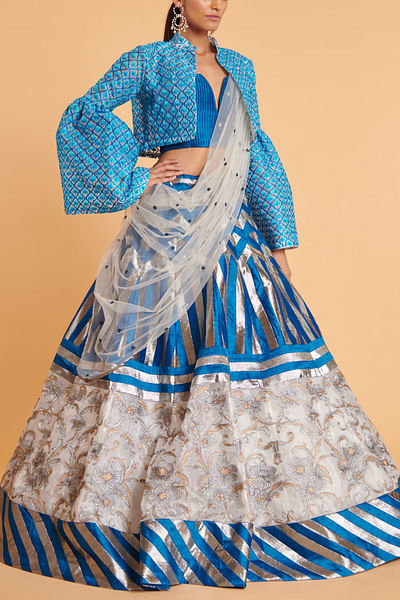 Ivory and blue floral embroidery lehenga set