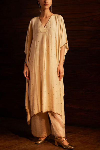 Ivory and gold scallop sequin embellished woven kaftan set