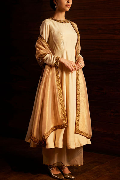 Ivory and gold sequin embroidered woven anarkali set