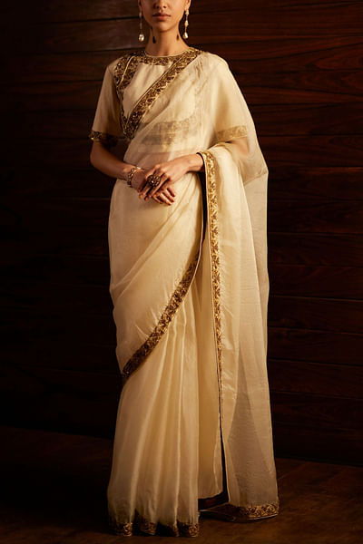 Ivory and gold sequin embroidered woven sari set